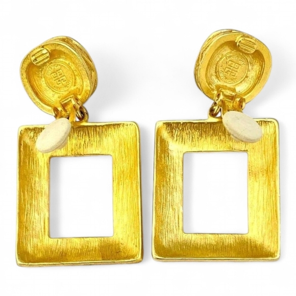 GIVENCHY Modernist Square Open Gold Frame Earrings & Blue Cabochon Stones - Picture 6 of 6